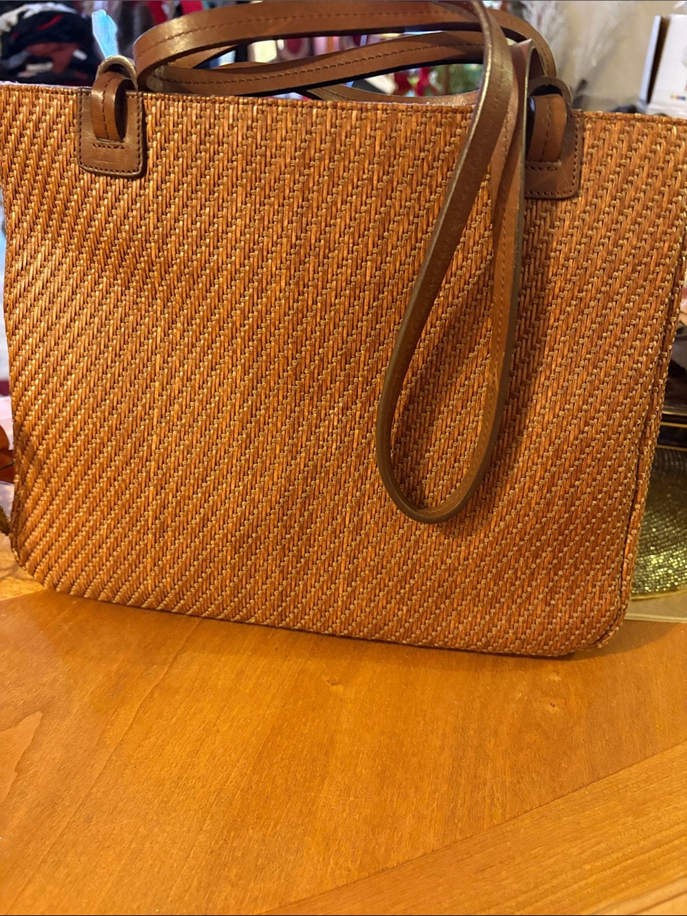 Fossil Woven Tote in Tan and Brown Leather Trim